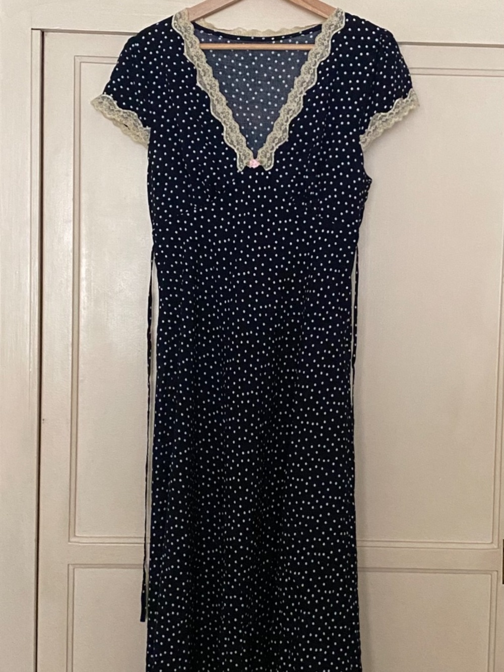 Commense Polka Dot Lace-Trim Dress Blue in Size Large - Picture 3 of 9